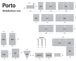 Porto 3-istuttava sohva, eri värejä